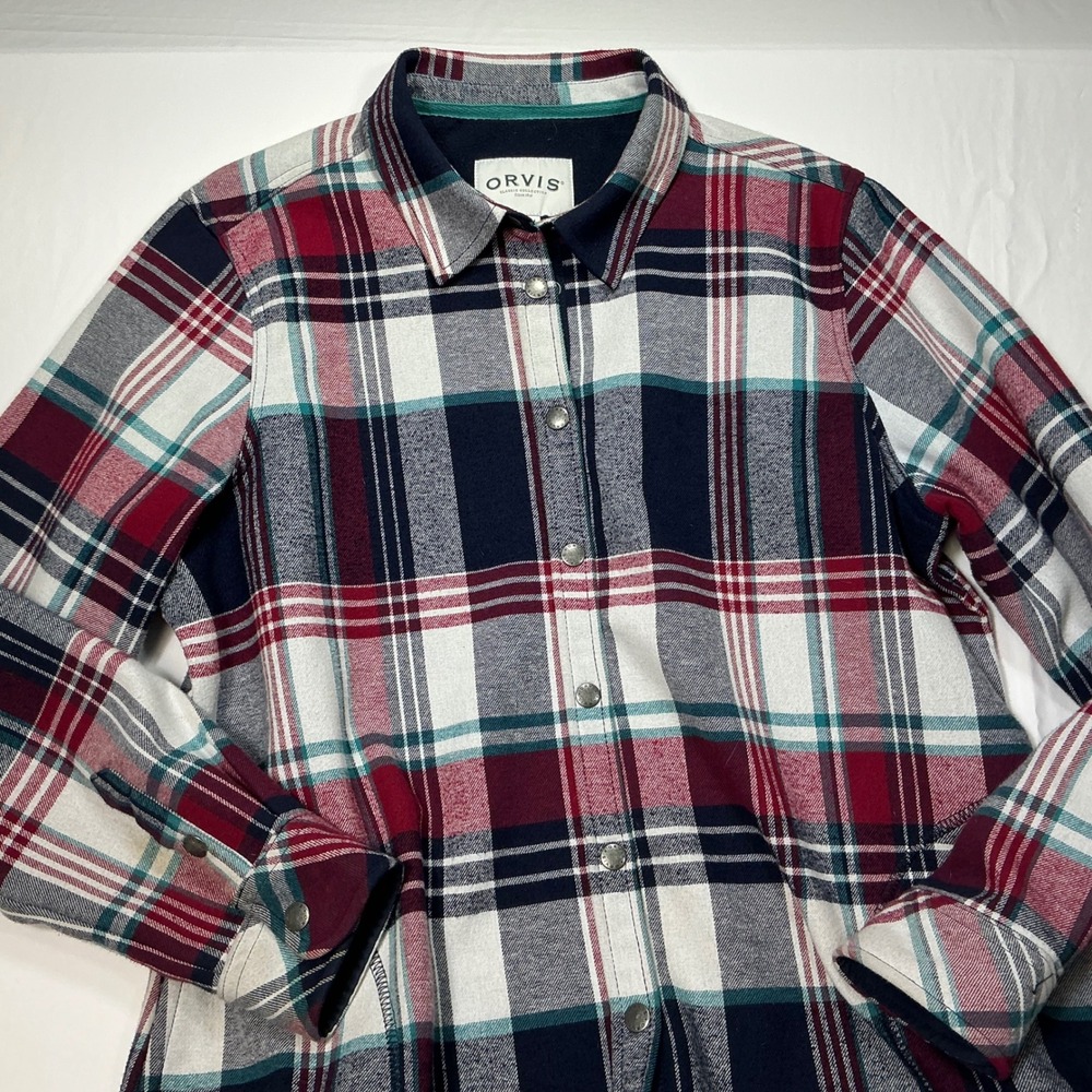 Orvis Mens Flannel Shirt Jacket Plaid Snap Button Long Sleeve‎ Red Navy XL